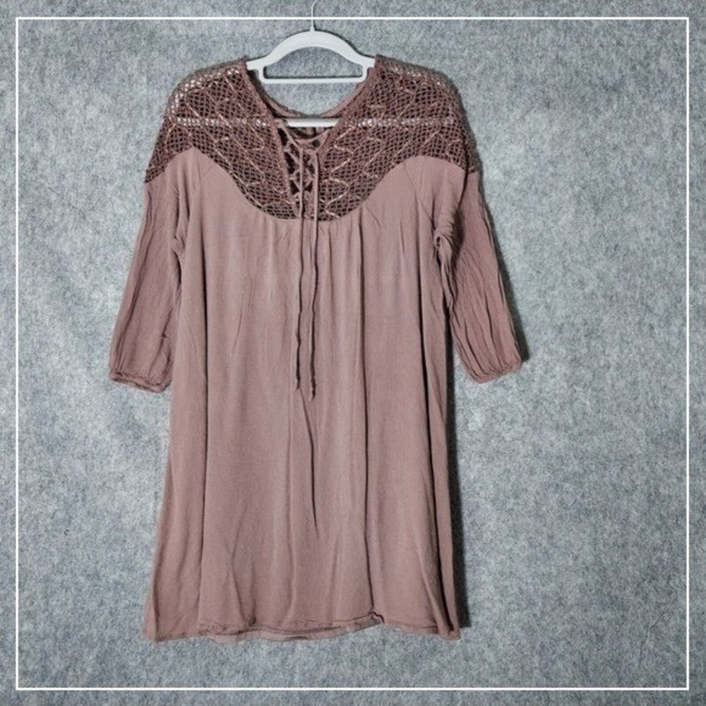 Entro Dress Wmen M Brown Crepe Crochet Lace Up Boho Peasant Festival Cottagecore